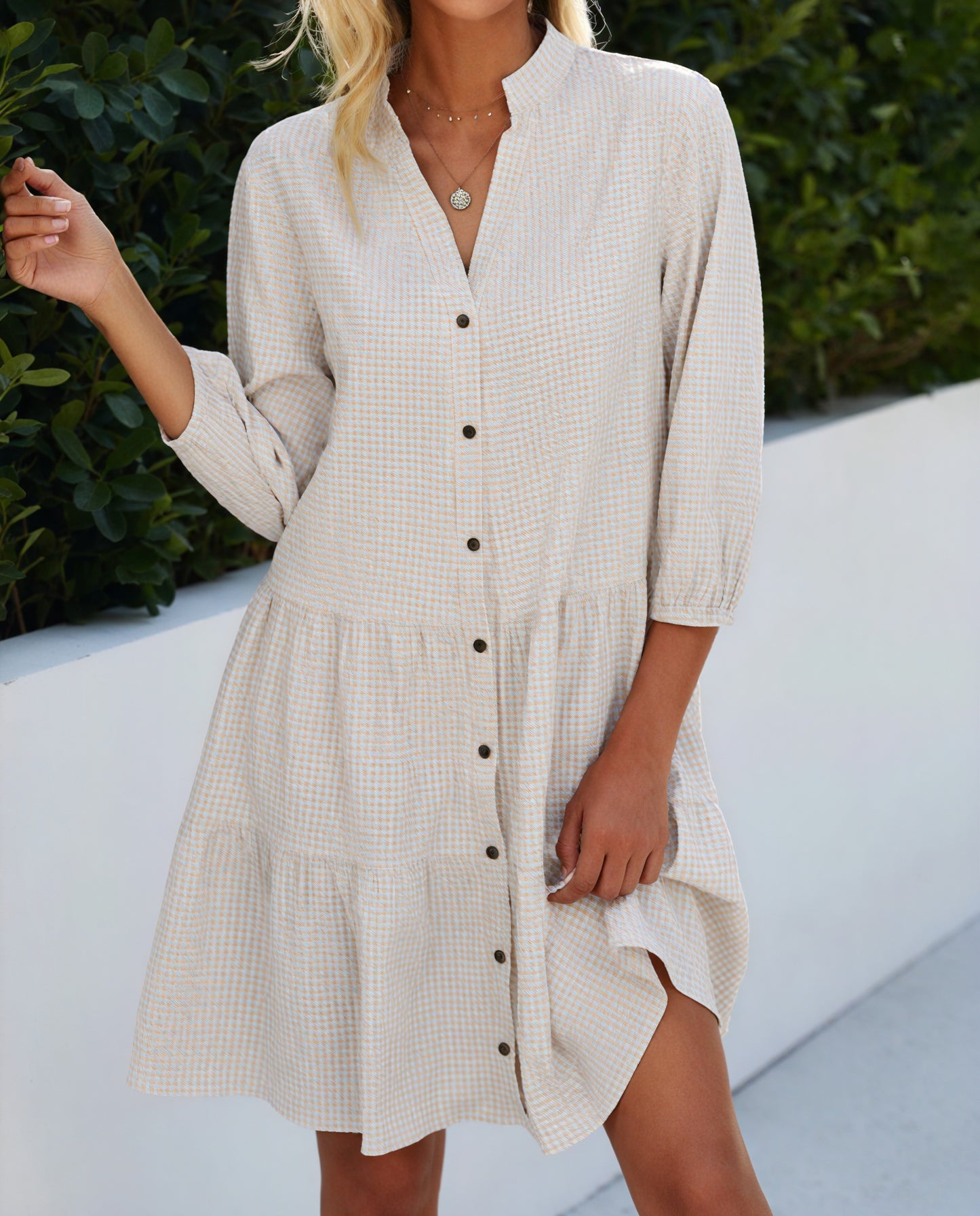 Gingham Kjole med Knaplukning, Trekvart Ærmer og Flæseskørt - Alsidig Stil til Kvinder-81722-88180188-645b-4a4a-9b4b-e15e03d65945