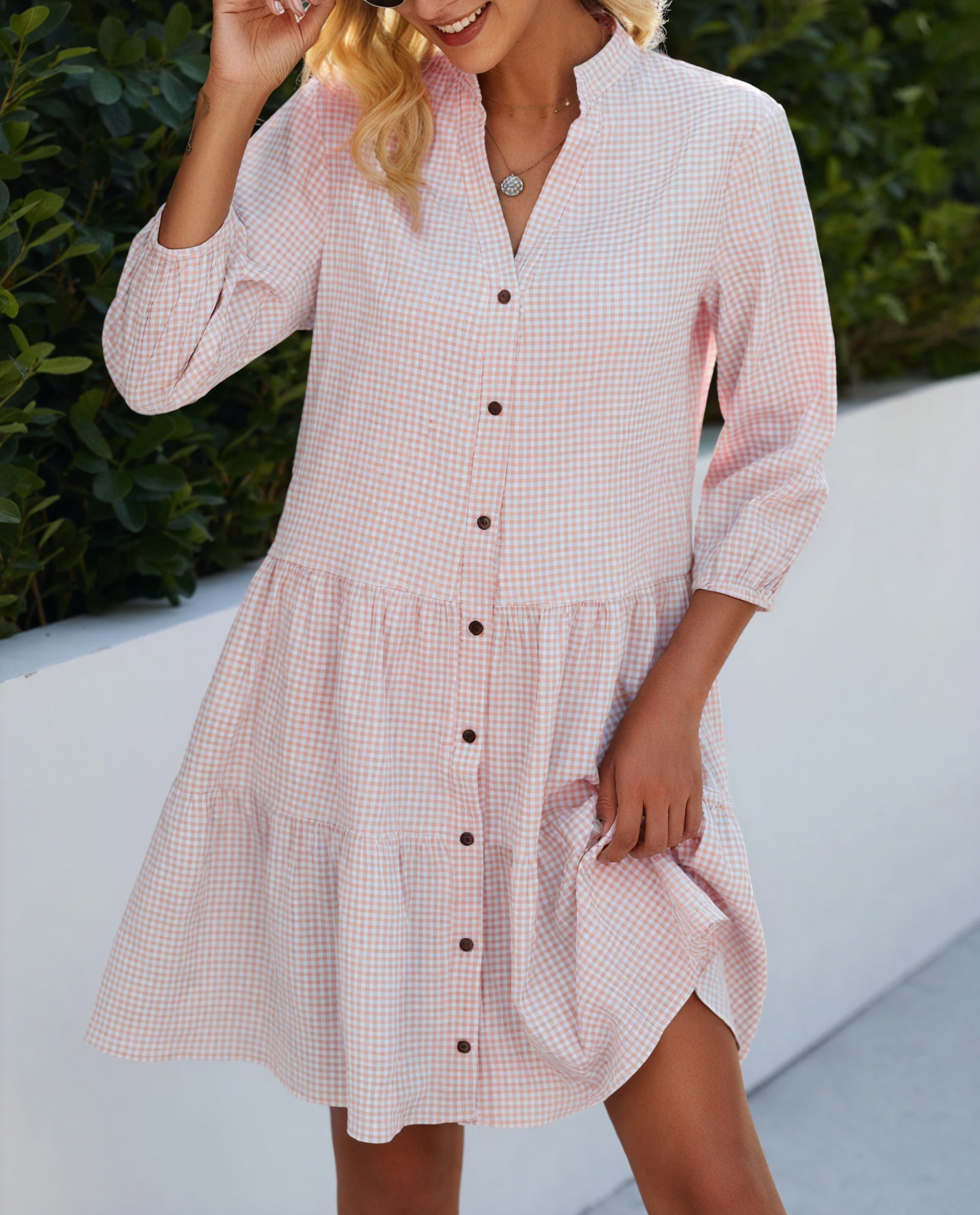 Gingham Kjole med Knaplukning, Trekvart Ærmer og Flæseskørt - Alsidig Stil til Kvinder-81722-d338c8e3-5ae4-496a-a079-c7b198efa29f