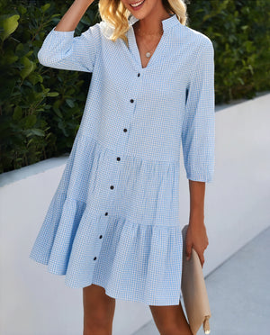 Gingham Kjole med Knaplukning, Trekvart Ærmer og Flæseskørt - Alsidig Stil til Kvinder-81722-65524a53-a13a-40a8-b85b-263e1953edd2