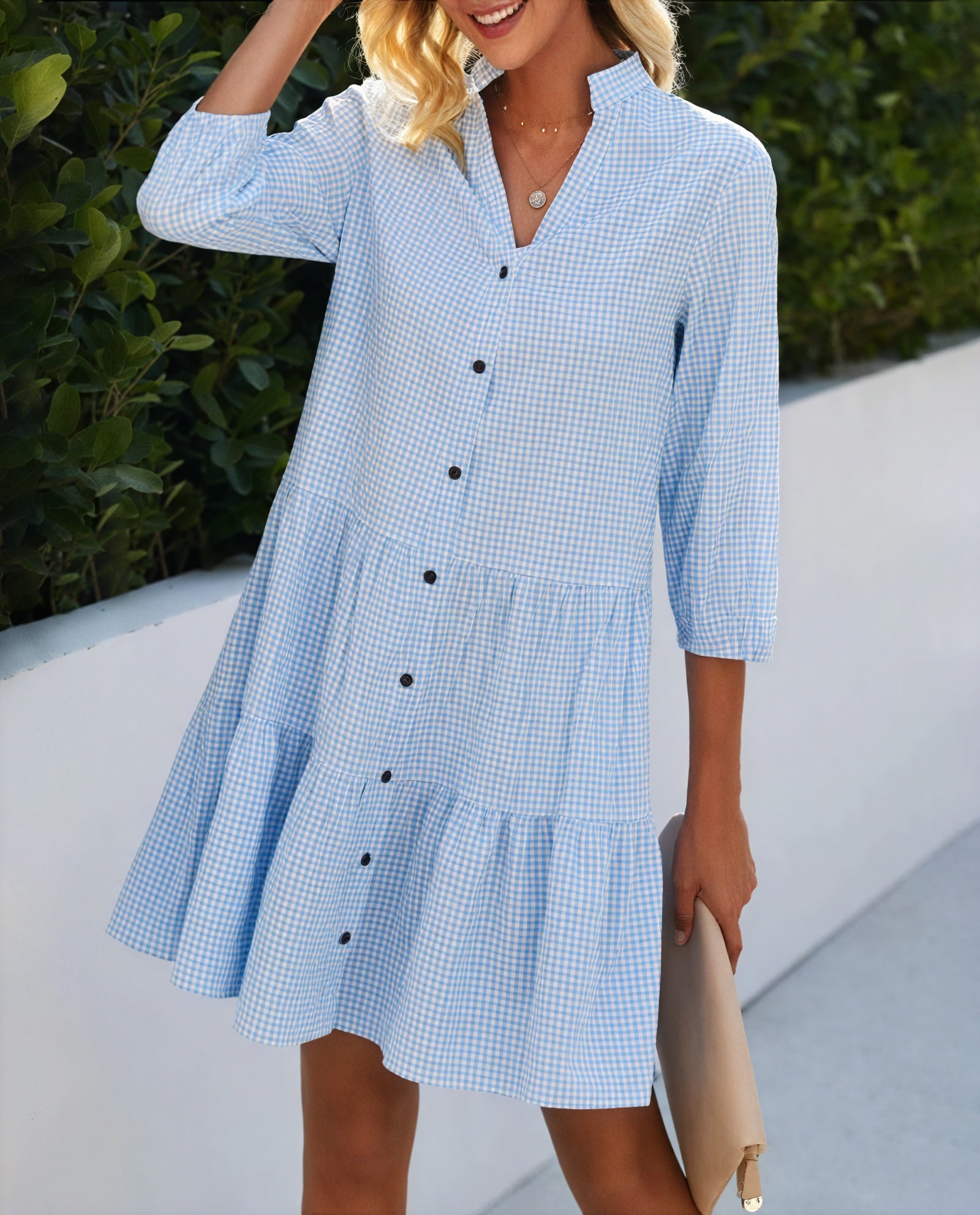 Gingham Kjole med Knaplukning, Trekvart Ærmer og Flæseskørt - Alsidig Stil til Kvinder-81722-65524a53-a13a-40a8-b85b-263e1953edd2