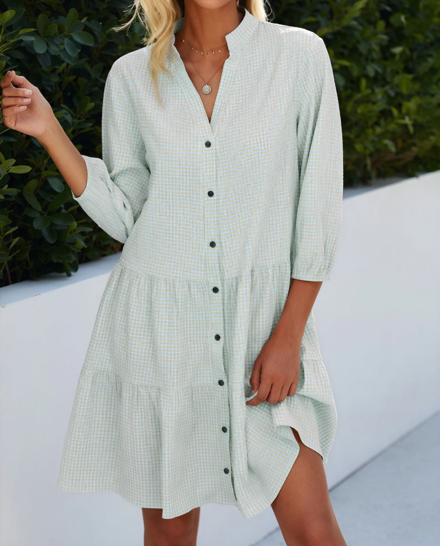 Gingham Kjole med Knaplukning, Trekvart Ærmer og Flæseskørt - Alsidig Stil til Kvinder-81722-c6b69fdd-d066-40ac-92f2-43ad8d7b4323
