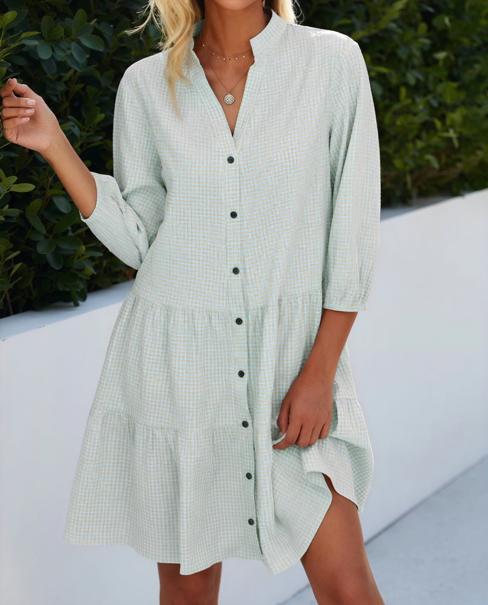 Gingham Kjole med Knaplukning, Trekvart Ærmer og Flæseskørt - Alsidig Stil til Kvinder-81722-c6b69fdd-d066-40ac-92f2-43ad8d7b4323