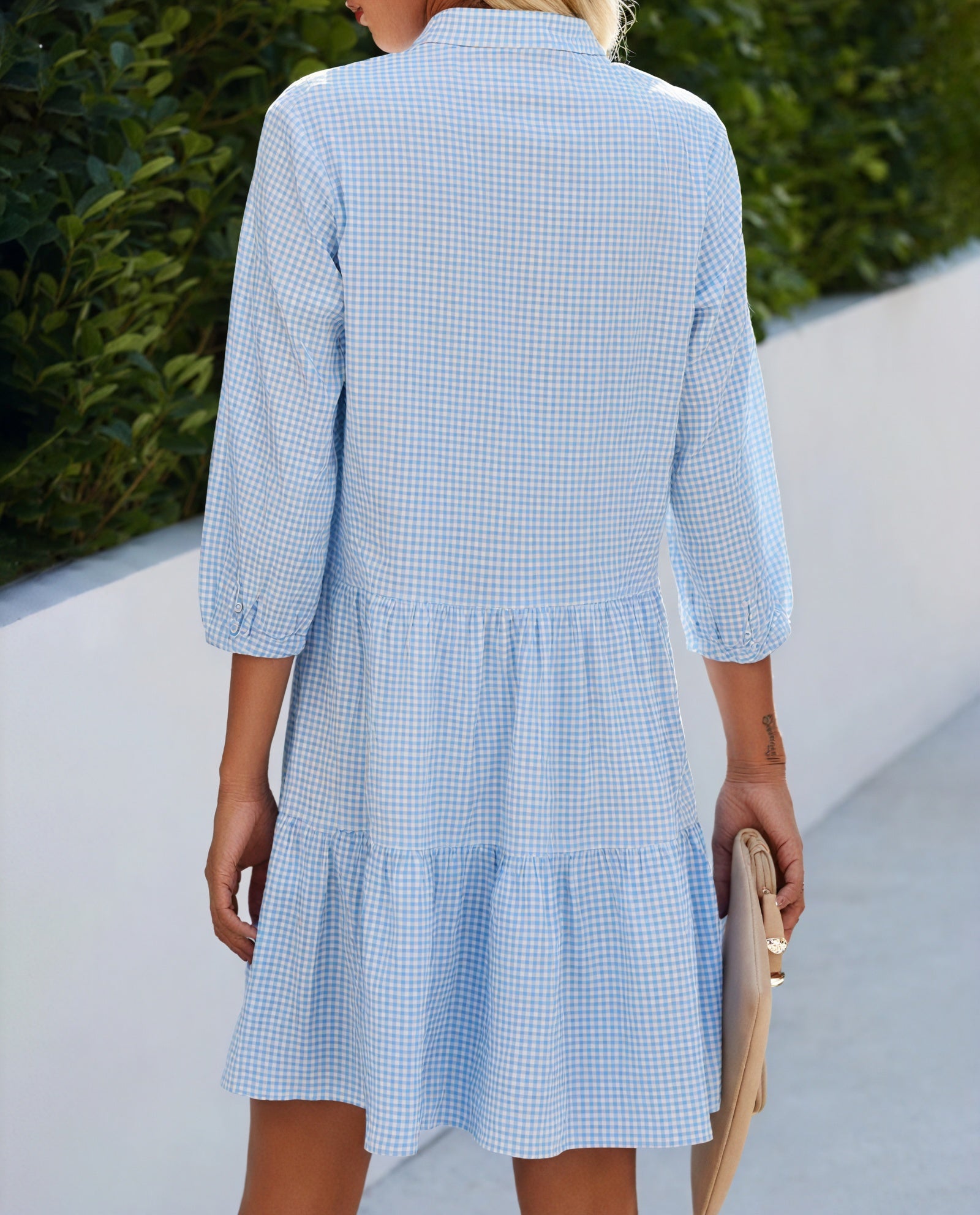 Gingham Kjole med Knaplukning, Trekvart Ærmer og Flæseskørt - Alsidig Stil til Kvinder-81722-08b65a98-2e90-415c-9d1f-2c0306aa6a2d