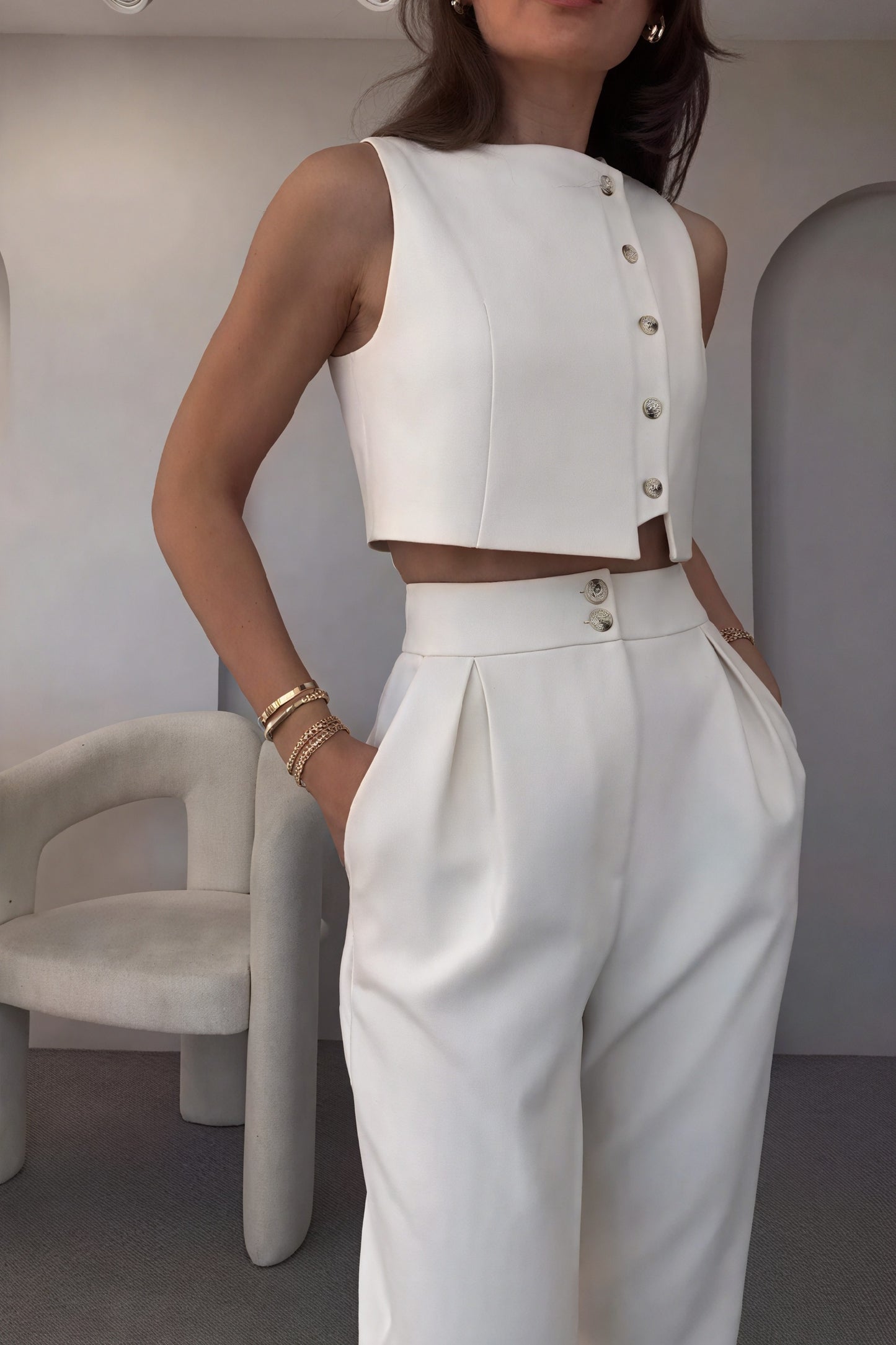 Minimalistisk Sæt - Crop Top & Højtaljede Bukser