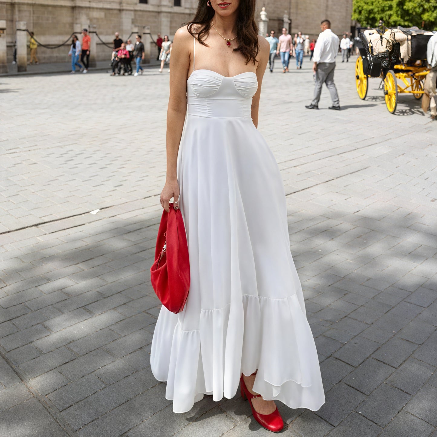 Norideen Hvid Kjole til Kvinder – Bustier-top, Spaghettistropper, Tiered Skirt-81821-3565ee3e-189c-471e-a1d1-de0748886da8
