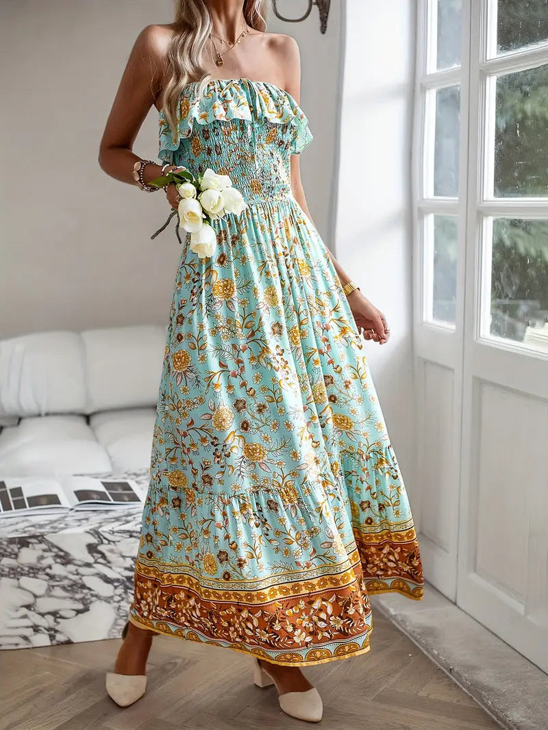 Stropløs Midi Kjole - Blomsterprint & Smock