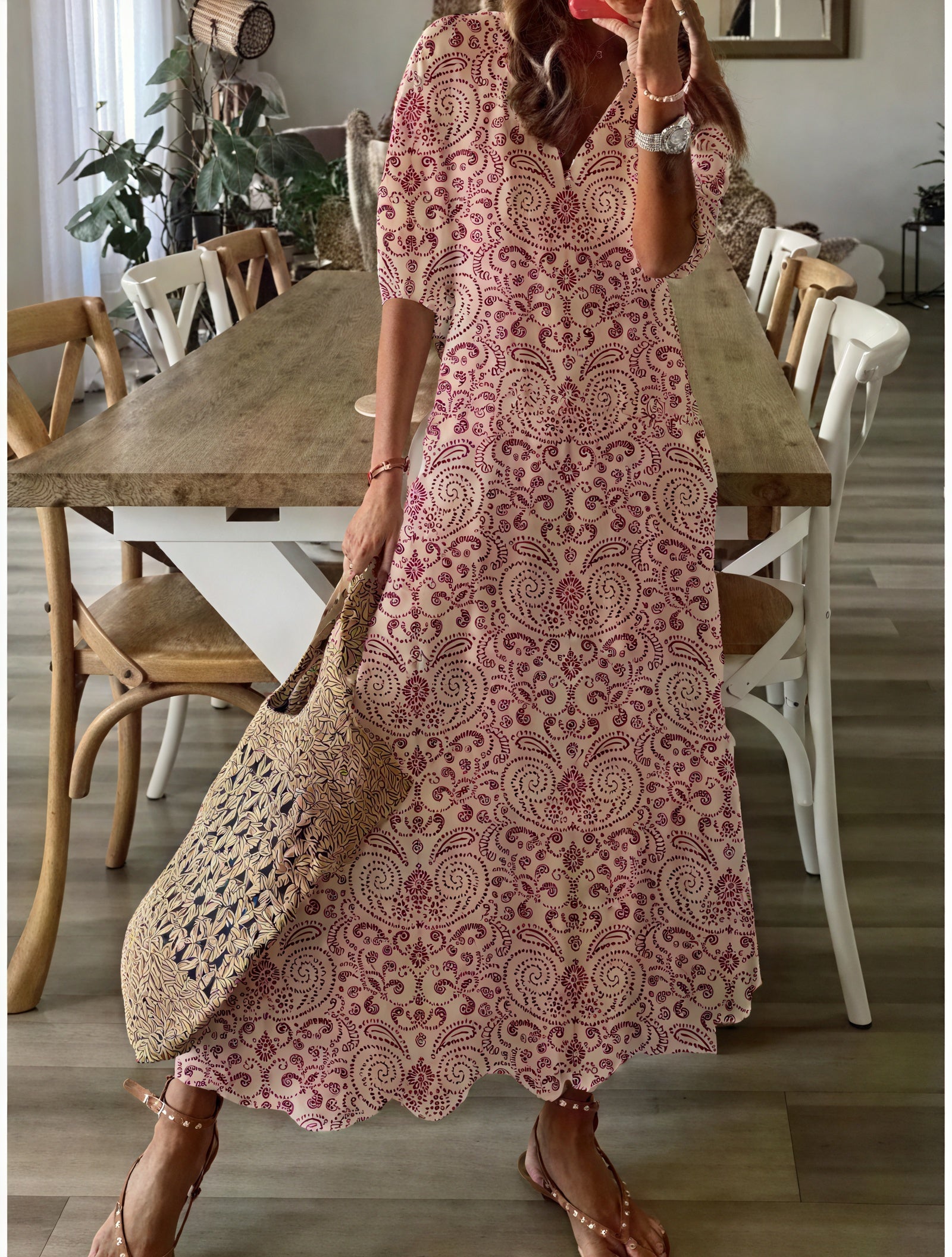 Boheme Kjole med V-Hals og Blomsterprint