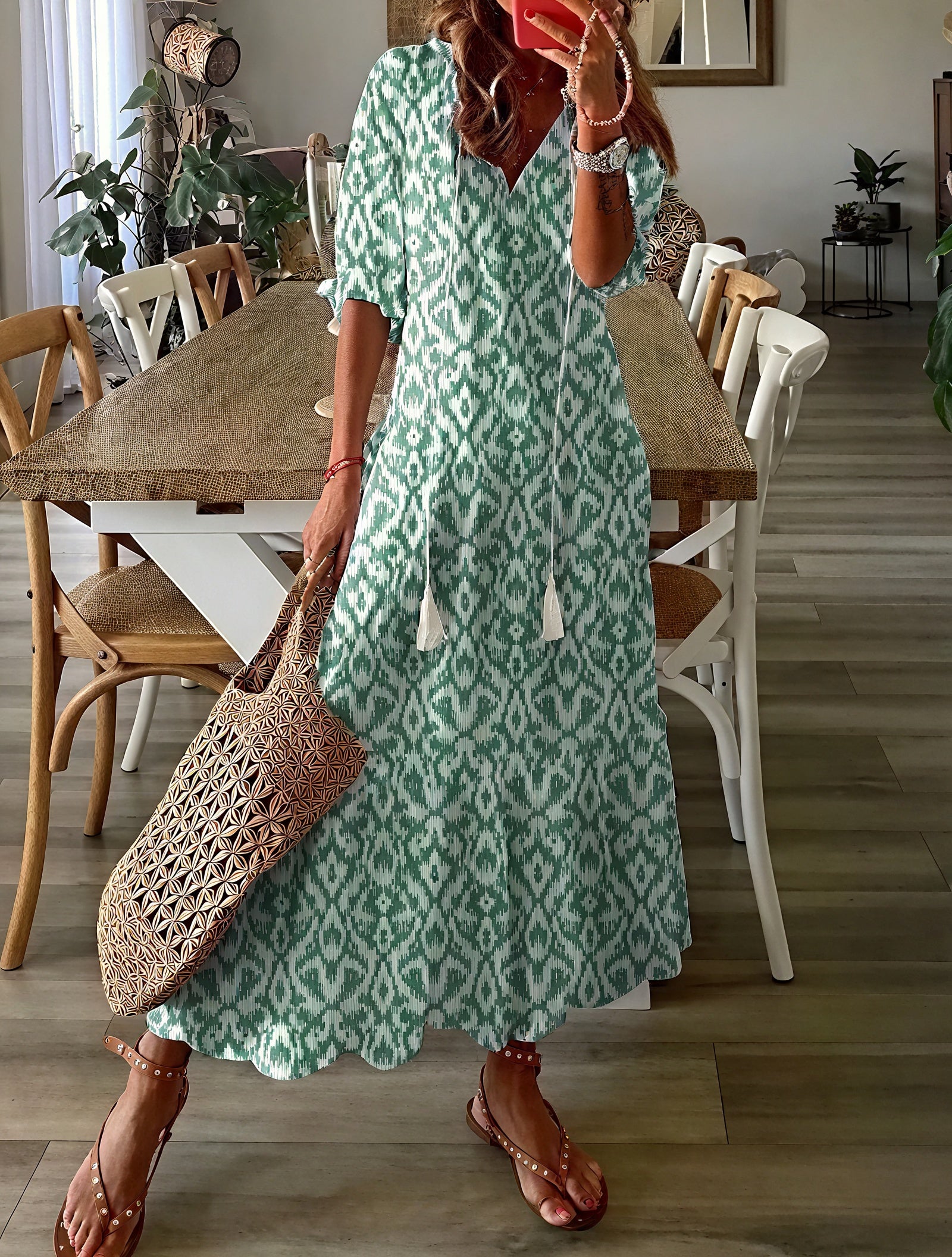 Boheme Kjole med V-Hals og Blomsterprint