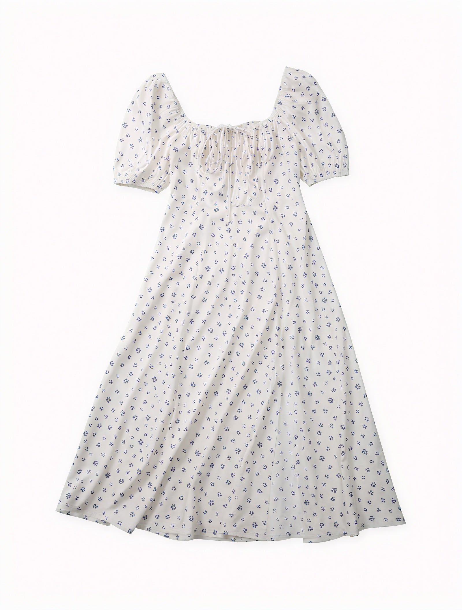 Blomstret Kjole med Firkantet Halsudskæring, Pufærmer, Bindedetalje & Høj Slids – Romantisk Sommerstil-82654-ef05ad92-0744-410a-ad85-94d147092514