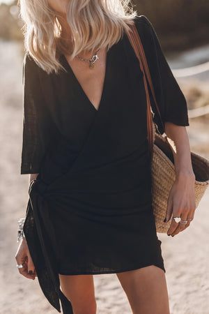 Kvinders Slå Om-Kjole – Hør Blanding, V-Hals, Kimonoærmer, Bohemian Stil, Sort-82990-95dd2d91-abe6-4cc0-8324-a876844cf871
