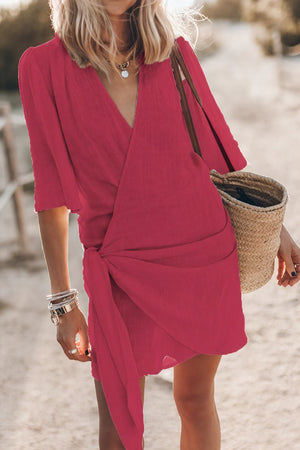 Kvinders Slå Om-Kjole – Hør Blanding, V-Hals, Kimonoærmer, Bohemian Stil, Sort-82990-fe95d66a-5d8f-4ff2-af6b-1f820d365f60