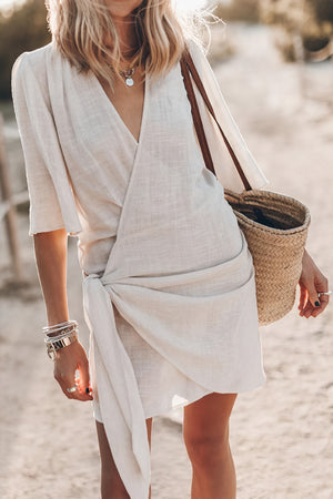 Kvinders Slå Om-Kjole – Hør Blanding, V-Hals, Kimonoærmer, Bohemian Stil, Sort-82990-e9779f0f-251b-41f9-bf4c-c4e6dd085ad1