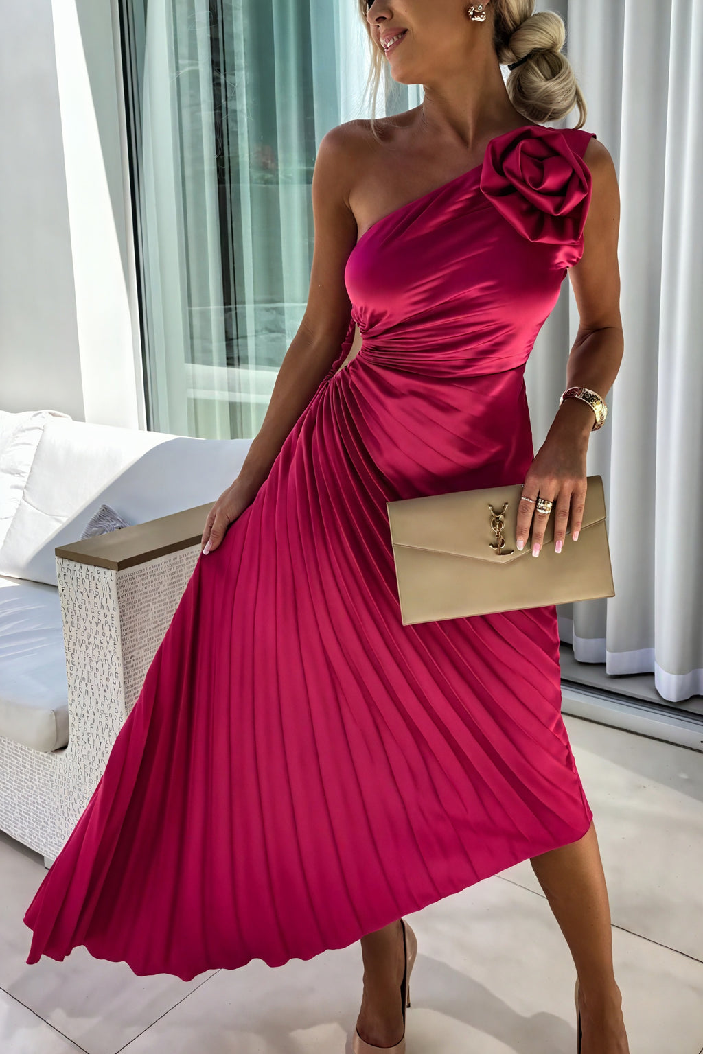 Mandy | Elegant Shoulder Pleated Dress - Image 1
