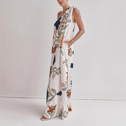 Kvinders Maxi Kjole – Blomstret, Asymmetrisk Én-Skulder Design, Norideen-83220-b0393953-39a1-4470-913c-cf6c6a72055d