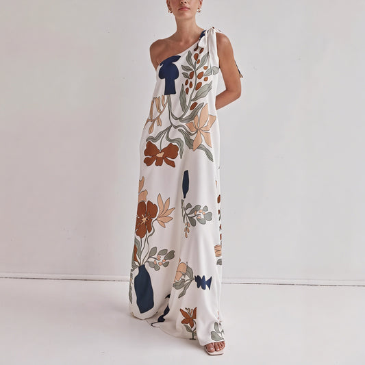 Kvinders Maxi Kjole – Blomstret, Asymmetrisk Én-Skulder Design, Norideen-83220-56826d4b-346c-4efe-bd0b-566bd971eb4a