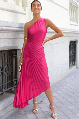 Kvinders Kjole – Enkeltskuldret Plisseret, Asymmetrisk Kant, Elegant Stil-83236-f6d6329a-8d33-411e-8756-6de0b6175585
