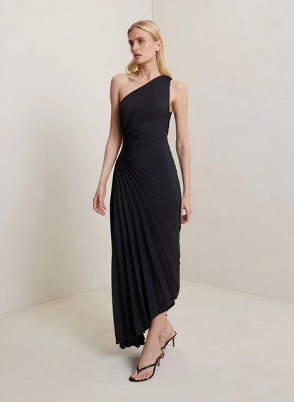 Kvinders Kjole – Enkeltskuldret Plisseret, Asymmetrisk Kant, Elegant Stil-83236-b6bd053d-56ea-44a9-b100-57b38689703e