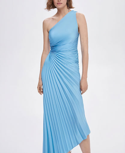 Kvinders Kjole – Enkeltskuldret Plisseret, Asymmetrisk Kant, Elegant Stil-83236-6aae88f6-57fe-4fdc-be0f-7a67a5e6ad85