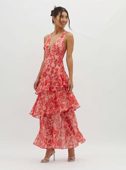 Norideen Dame Maxikjole – Blomstret V-udskæring, Lagdelt Skørt, S-XL-83283-d7f6005b-0a98-473c-82f2-09286dbd057d