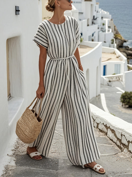 Norideen Dame Jumpsuit – Stribet, Vide Ben, Bælte, Afslappet Pasform-83287-2d391c01-1a11-49eb-8499-968cbdea13c4