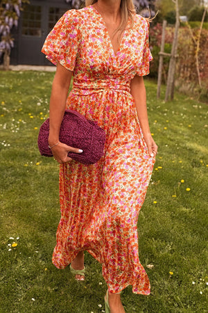 Norideen Dame Kjole – Blomstret V-hals, Plisseret Skørt-83290-c70e1988-2e3b-4132-99ff-0da4329dceb1