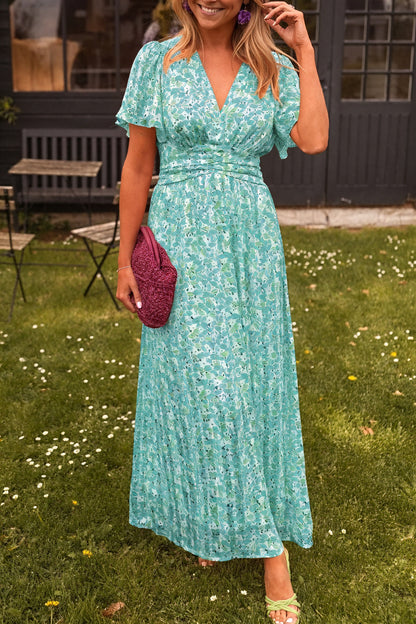 Norideen Dame Kjole – Blomstret V-hals, Plisseret Skørt-83290-18123a48-00df-4c9f-b233-45c9f4b058bb