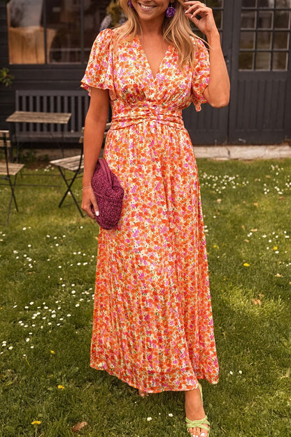 Norideen Dame Kjole – Blomstret V-hals, Plisseret Skørt-83290-19251927-9758-4117-b976-566a9ba224fe