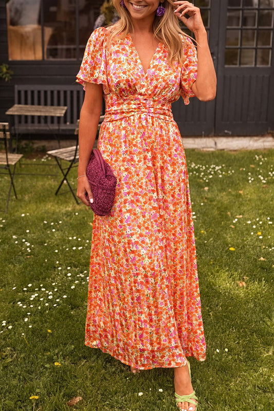 Norideen Dame Kjole – Blomstret V-hals, Plisseret Skørt-83290-19251927-9758-4117-b976-566a9ba224fe