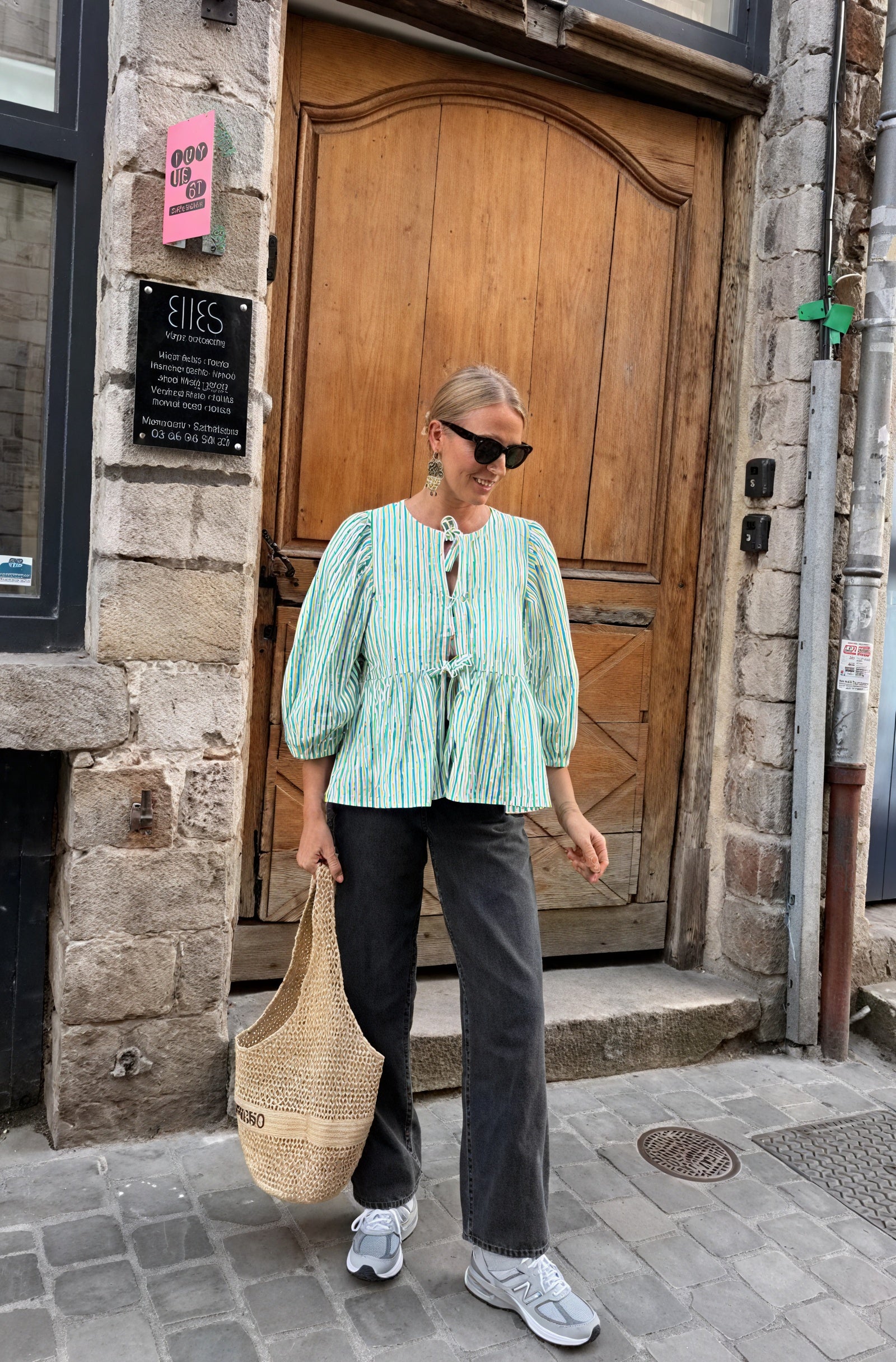 Kvinder Bluse – Grøn Hvid Stribet, Bindebånd Foran, Pufærmer-83297-e9500148-d66a-4b16-b2a4-0bea86b5e139