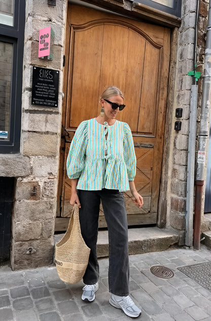 Kvinder Bluse – Grøn Hvid Stribet, Bindebånd Foran, Pufærmer-83297-e9500148-d66a-4b16-b2a4-0bea86b5e139