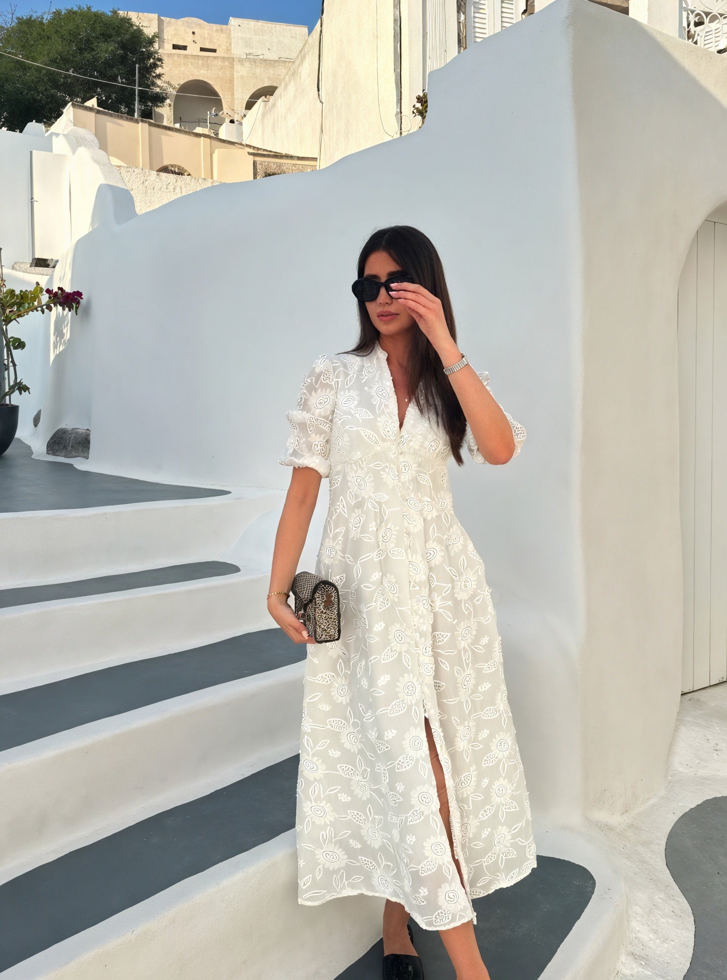 Norideen Women's White Embroidered Button-Down Short Sleeve Midi Dress-83314-037cc309-f10c-417b-8b45-0b968f4b48e0