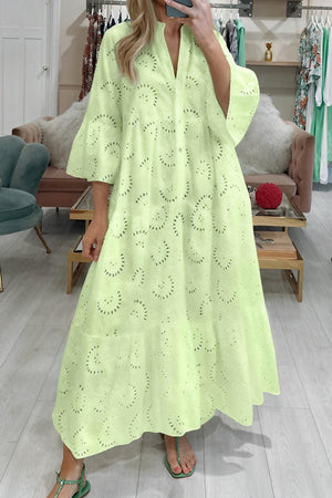 Norideen Dame Øje Blusekjole – V-hals, ¾-ærmer, Knapper, Let Stof S-XL-83323-147f7744-8926-4220-882c-bd30062dbc24