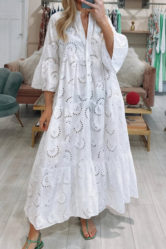 Norideen Dame Øje Blusekjole – V-hals, ¾-ærmer, Knapper, Let Stof S-XL-83323-b92fdffe-33c0-43cb-adb1-6946990ffda0