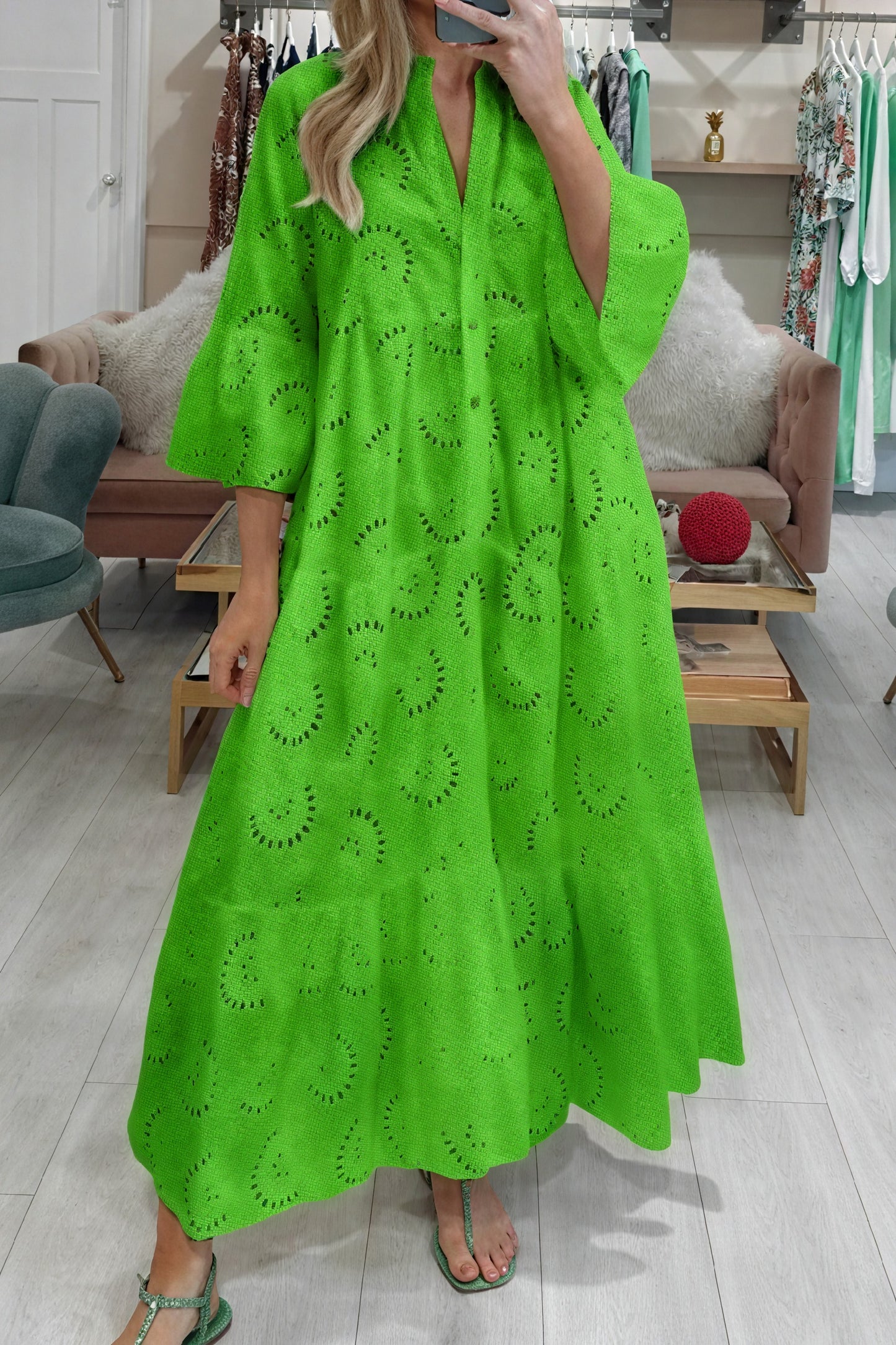 Norideen Dame Øje Blusekjole – V-hals, ¾-ærmer, Knapper, Let Stof S-XL-83323-fe623967-92e2-4152-adb6-33cc44b38893