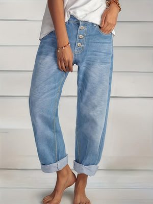 Dame Lyseblå Løse Jeans med Opsmøg og Knaplukning – Komfortabel Denim-83359-b5b290b7-77f6-44b3-9373-59cee133f370