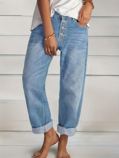 Dame Lyseblå Løse Jeans med Opsmøg og Knaplukning – Komfortabel Denim-83359-b5b290b7-77f6-44b3-9373-59cee133f370