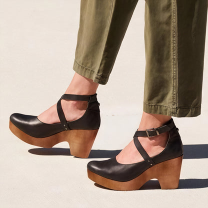 Dame Platform Sandal – Læder, Træsål, Ankelrem Lukning-83366-4ea96eee-f1fe-4544-a104-a4d48d8aa5d7
