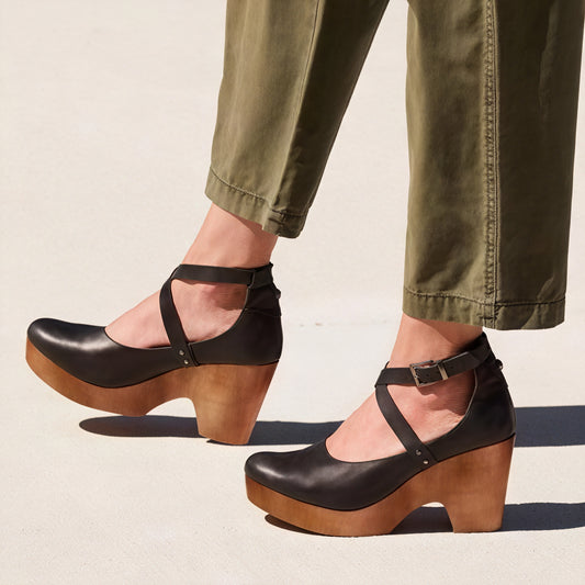 Dame Platform Sandal – Læder, Træsål, Ankelrem Lukning-83366-4ea96eee-f1fe-4544-a104-a4d48d8aa5d7