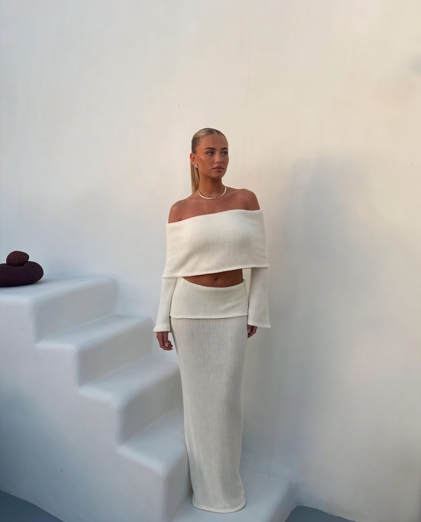 Dame Tekstureret Off-Shoulder Kjole – Lange Ærmer, Elegant Sæt-83558-ece24308-c644-476a-8db9-57424a948589