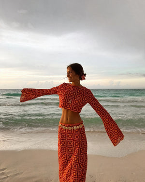 Kvinders Hæklet To-Delt Sæt – To-Tonet, Cropped Top & Højtaljet Bund, Boheme Stil-83575-09c8f78b-d32b-4f59-9e9a-70de66d66c28