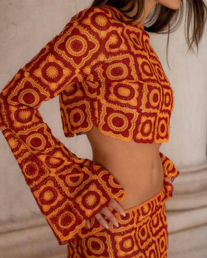Kvinders Hæklet To-Delt Sæt – To-Tonet, Cropped Top & Højtaljet Bund, Boheme Stil-83575-a975f390-775b-41d6-bedf-c7a62914b777