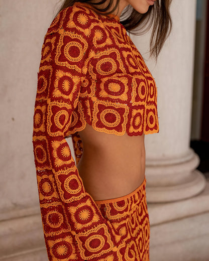 Kvinders Hæklet To-Delt Sæt – To-Tonet, Cropped Top & Højtaljet Bund, Boheme Stil-83575-a9005649-328c-4be1-b065-7c0e9c653e44
