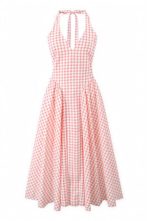 Kvinde Kjole – Lyserød Hvid Gingham V-hals Plisseret Skørt-83586-ad8c3dd0-79c9-4185-82c2-589b41987e80