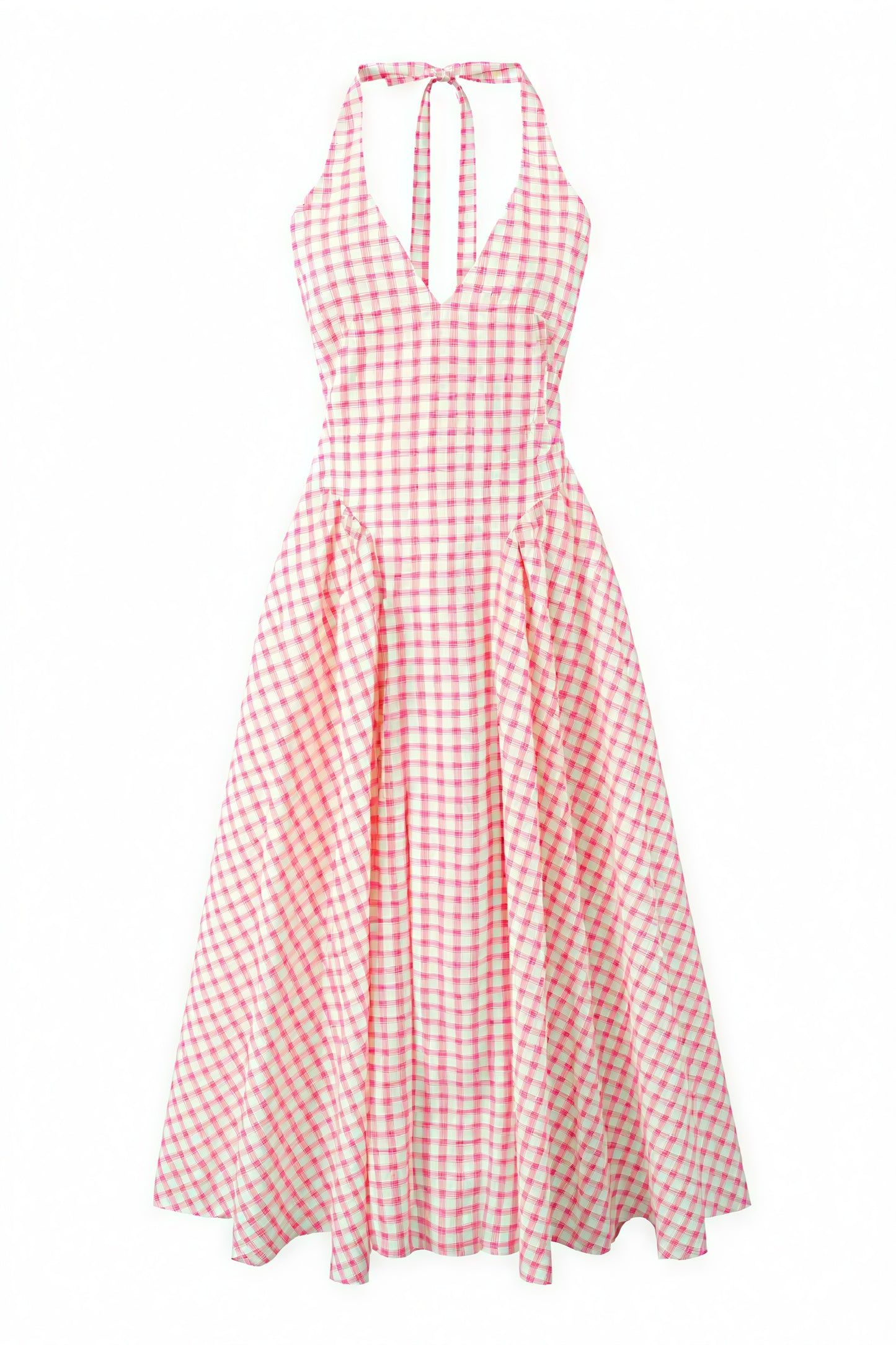 Kvinde Kjole – Lyserød Hvid Gingham V-hals Plisseret Skørt-83586-ad8c3dd0-79c9-4185-82c2-589b41987e80
