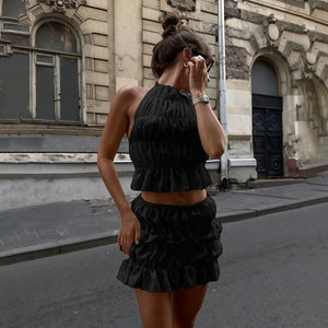 Dame To-delt Sæt: Flæsekantet Halter Top & Matchende Nederdel, Sommer-83589-fe3a1366-e763-4660-babb-f83dab71940d