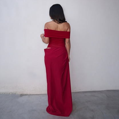 Dame Gulvlængde Kjole – Off-Shoulder, Talje-Cutout, Flydende Stof, Elegant Aftenkjole-83596-c8882d5d-98ce-494e-b2d9-6ad6aba5326f