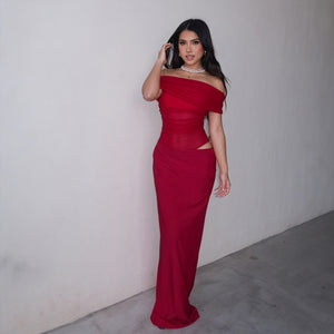 Dame Gulvlængde Kjole – Off-Shoulder, Talje-Cutout, Flydende Stof, Elegant Aftenkjole-83596-e781d9a5-6f10-4f8c-bb83-5b39f496cfec