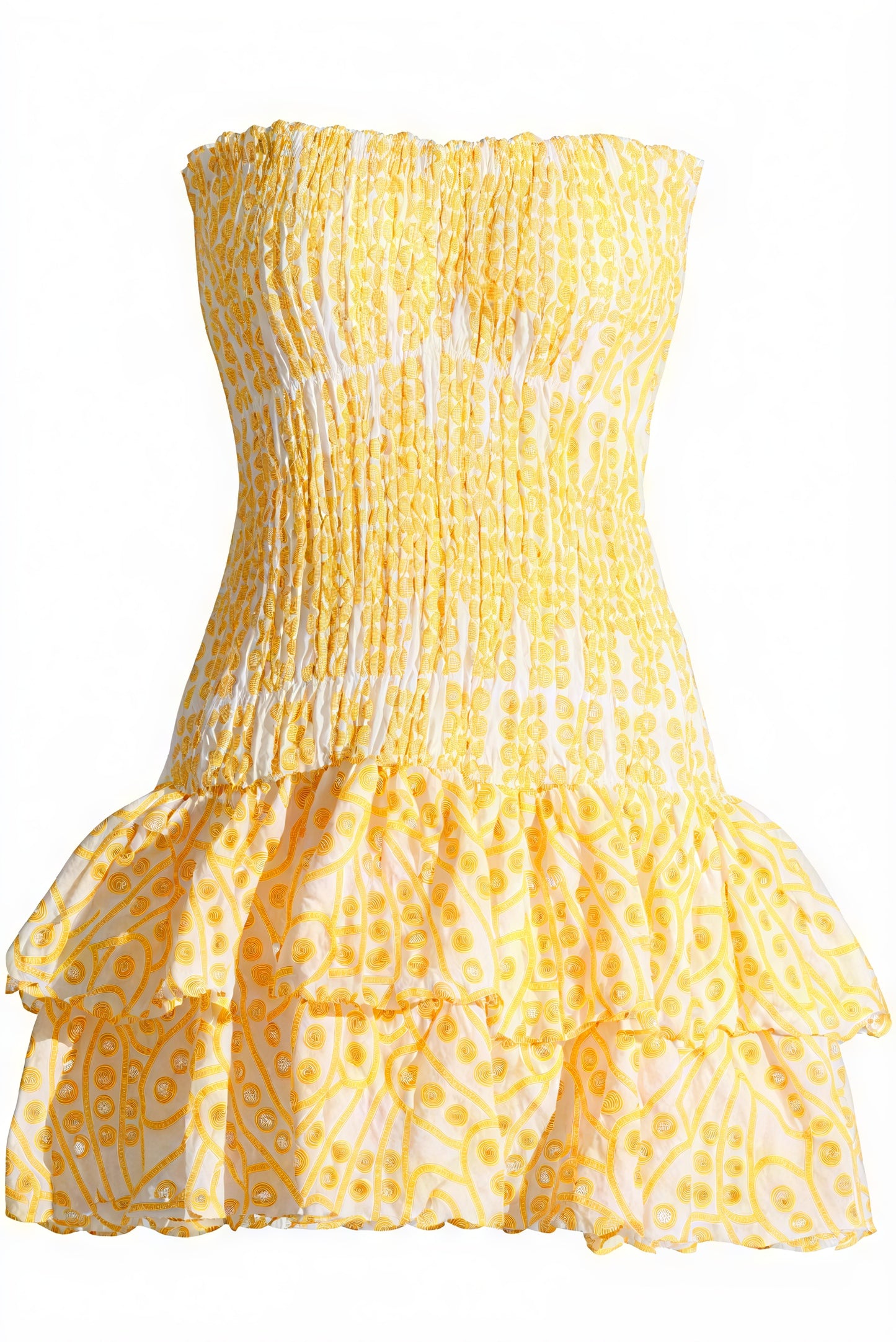 Dame Minikjole – Gul-Hvid Mønstret, Stropløs med Smock & Flæser-83597-b6f0a8ab-1a2b-4af0-9909-a10916a20e61