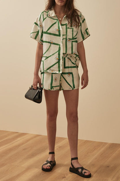 Afslappet Pyjamas Sæt med Geometrisk Mønster