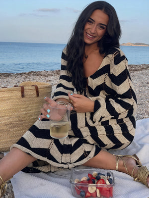 Kvinder Strikkjole – Chevron Mønster, Langærmet, Elegant Design-83785-97dbb559-3b59-4d72-b2a2-04b88e42ce3c
